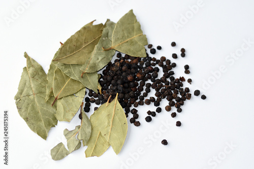 Dried bay leaf and pepper