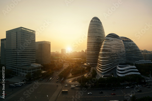 WangJing Soho business district during sunset in Beijing, China.