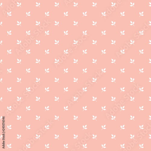 Cute seamless vector pattern with white leaves on blush pink background. Sweet leafy mini print for fashion and home decor textiles, gift wrapping paper, and wallpaper.