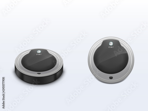 Vacuum cleaner robot front, top view 3d realistic vector. Modern smart house system element, robotized device for floor vacuuming, dust cleaning illustration. Digital technologies for household work