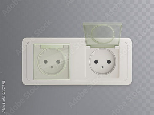 Vector 3d realistic power socket with plastic caps, covers for protection, child-proofed system. Electricity object isolated on transparent background. European connection, household electrical source