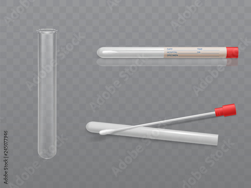 Vector medical set for analysis - q-tip with cotton swab and test tube, transparent glass capsule. Individual hygiene toiletries in plastic box with data for hospital. Health care concept.
