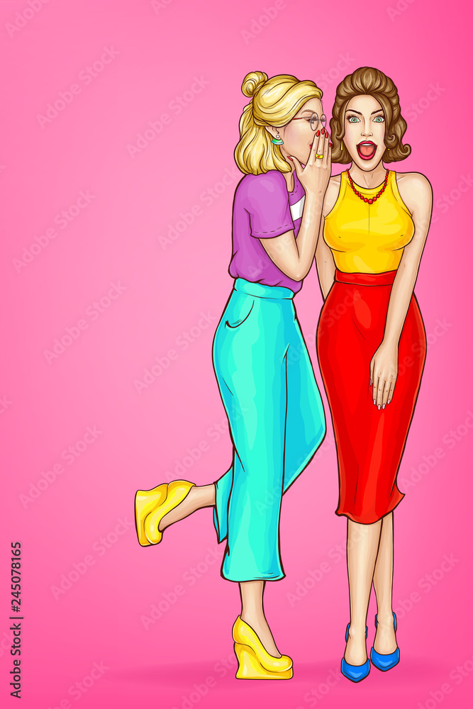 Vector pop art pretty blonde woman whispers secret to her friends ear. Gossip of girls about fashion, style. The shocked, excited character with open mouth and big breast isolated on pink background. Vector pop art pretty blonde woman whispers secret to her friends ear. Gossip of girls about fashion, style. The shocked, excited character with open mouth and big breast isolated on pink background.
