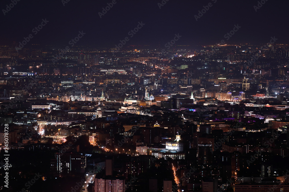 Night view at a Moscow Kremlin from  Ostankinskaya tv tower. Panorama of night Moscow