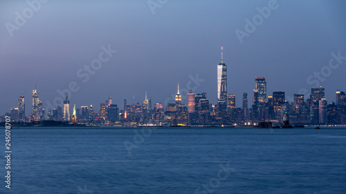 Long exposure photo of a Lower Manhattan skyline taken moments after sunset from Staten Island