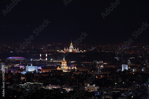 Night panorama of Moscow from Ostankinskaya tv tower with Moscow State University  Hotel Ukraine  White House  and Luzhniki stadium