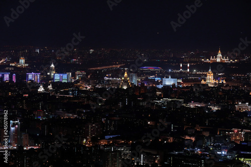 Night panorama of Moscow from Ostankinskaya tv tower. Buildings of Moscow State University, Hotel Ukraine, White House, Luzhniki stadium, Ministry of Foreign Affairs are visible