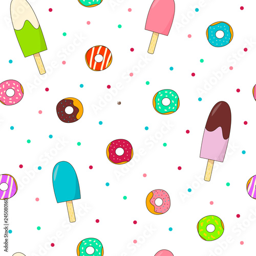 Seamless pattern with hand drawn donuts and ice creams. Vector illustration in cartoon style