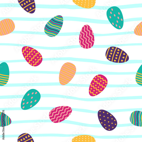 Seamless pattern with easter eggs in flat style on striped background. Vector illustration.