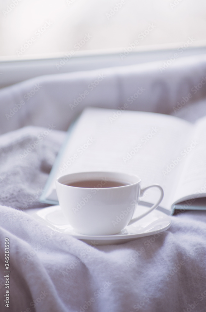Cozy winter still life: mug of hot tea and book with warm plaid on windowsill against snow landscape from outside. Cozy winter still life: mug of hot tea and book with warm plaid on windowsill against snow landscape from outside.