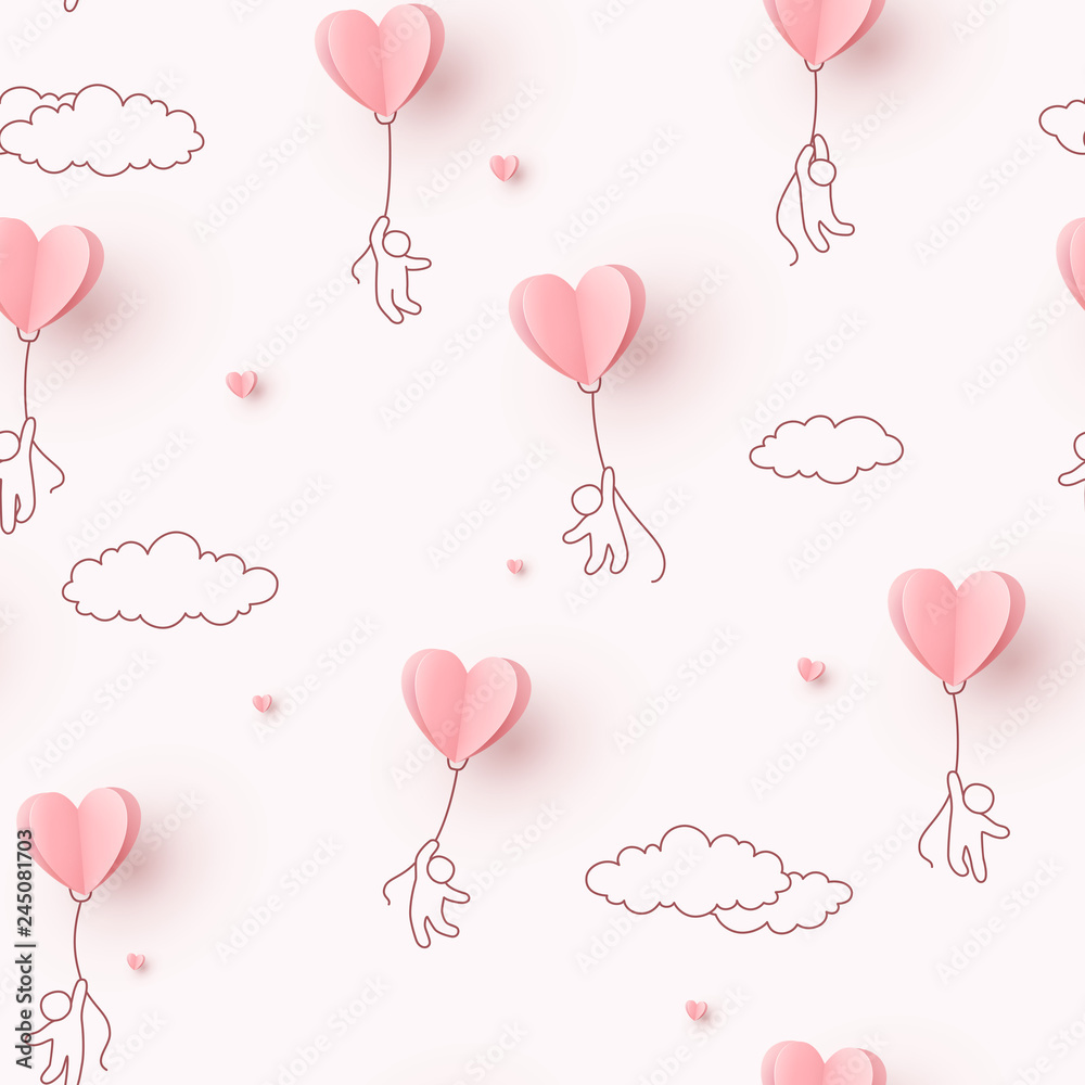 Hearts balloons with people flying on pink background. Vector love seamless pattern for Happy Mother's or Valentine's Day greeting card design.