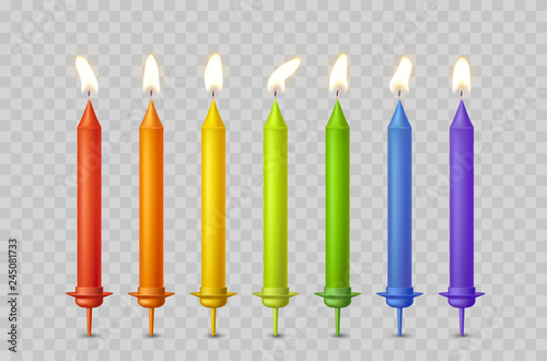 Candles with burning fire flame for birthday cake isolated on transparent background. Vector 3D realistic color candlelight elements set design.