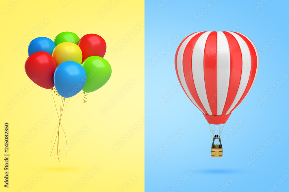 3d rendering of set of colorful balloons on yellow background and red white hot air balloon on blue background