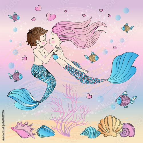 HAPPINESS Mermaid Cartoon Travel Tropical Vector Illustration Set for Print, Fabric and Decoration.