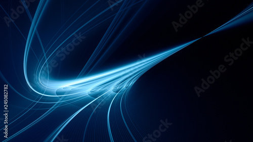 Abstract blue background element on black. Fractal graphics. Three-dimensional composition of glowing lines and mption blur traces. Movement and innovation concept. photo