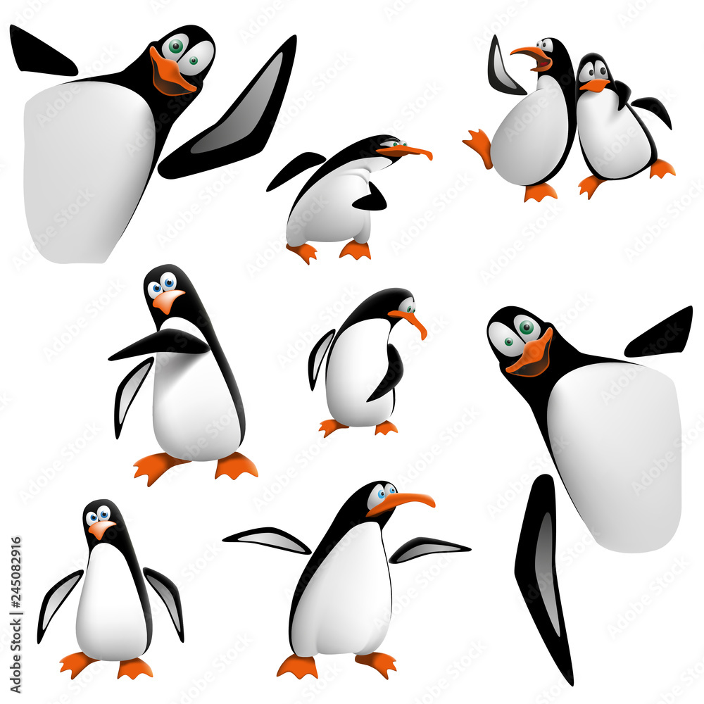 Set of cartoon penguins. Funny penguins isolated on white background.  Vector illustration, 3D. Stock Vector | Adobe Stock