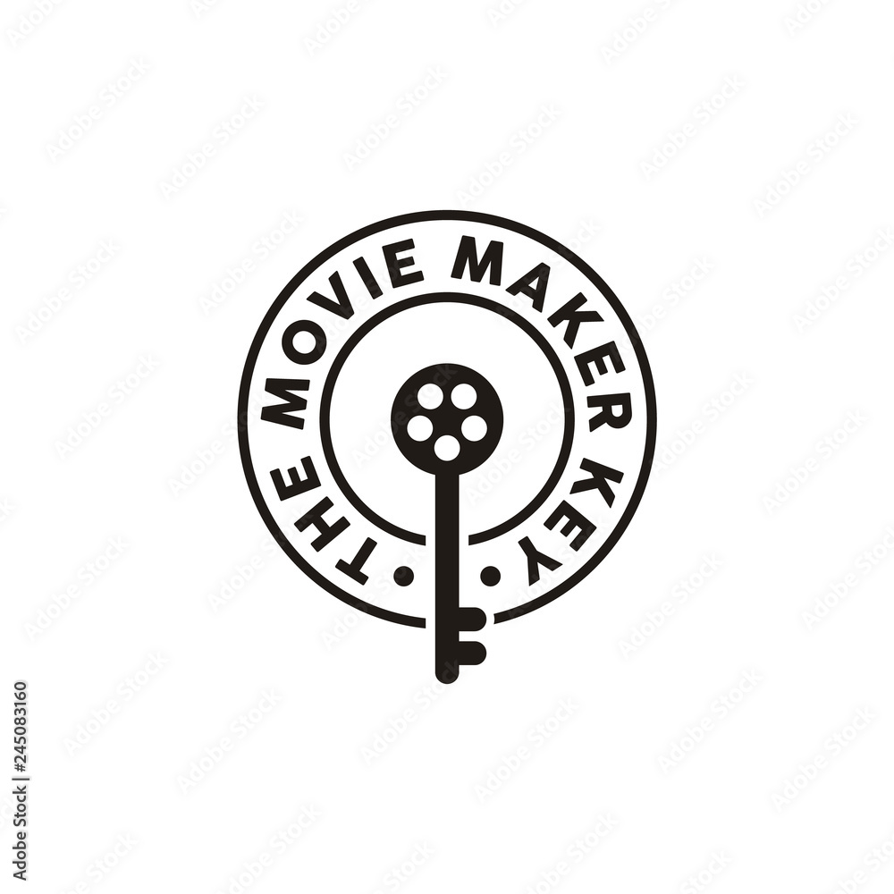 Skull Key Lock with Film Roll Reel for Private Movie Video Cinema Studio Production logo label stamp design Skull Key Lock with Film Roll Reel for Private Movie Video Cinema Studio Production logo label stamp design