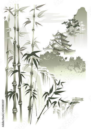 Pagoda at the waterfall.
Pagoda in the mountains at the waterfall. Vector imitation of Chinese painting.