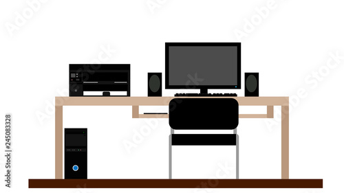 Workplace. Personal computer, printer, speakers, table. Vector.