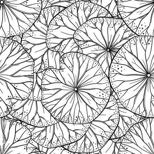 Exotic lotus leaves black and white vector seamless pattern