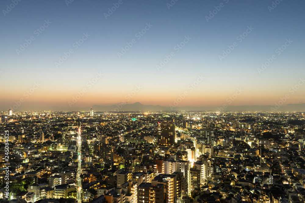 東京世田谷の夜景と遠方の富士山