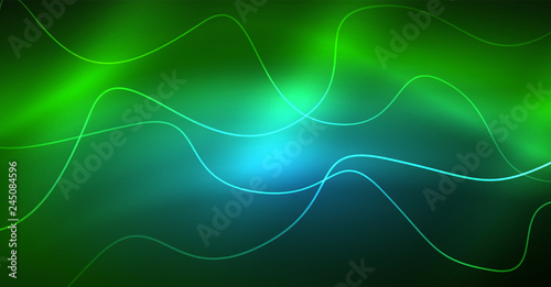 Abstract shiny glowinng color wave design element on dark background - science or technology concept © antishock