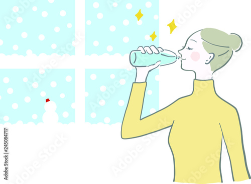 水　飲む　女性　余白　水分補給　ベクター　水分補給　雪の日