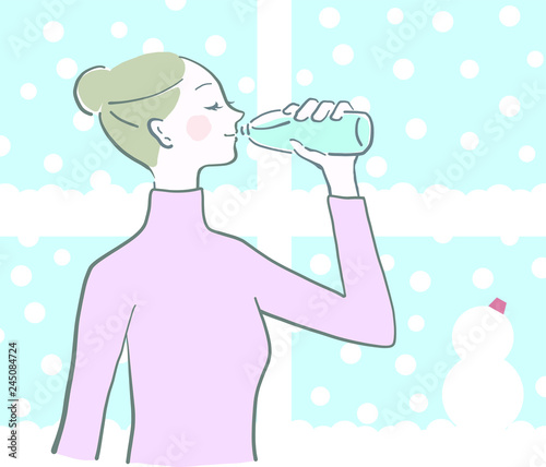 水　飲む　女性　余白　水分補給　ベクター　水分補給　雪の日