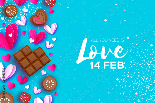 Love Chocolate. Valentines Day Greeting Card. Pink white hearts paper cut style and dessert, candy on blue. Origami Happy holidays. Space for Text.