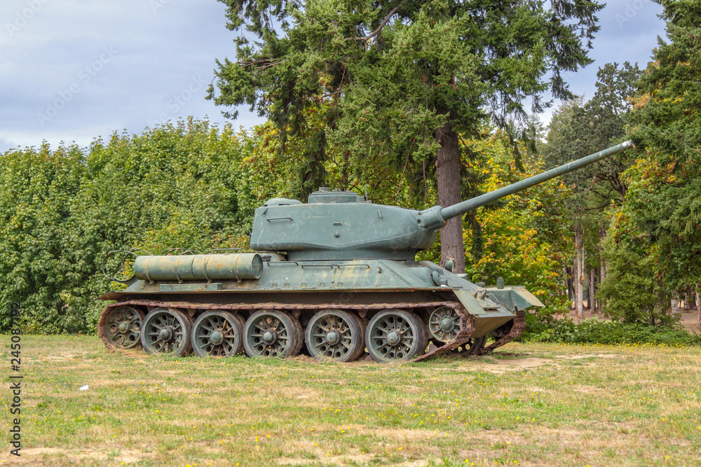 McMinville, Oregon \ USA - September 15 2013: T-34-85 Soviet tank on a field. McMinville, Oregon \ USA - September 15 2013: T-34-85 Soviet tank on a field.