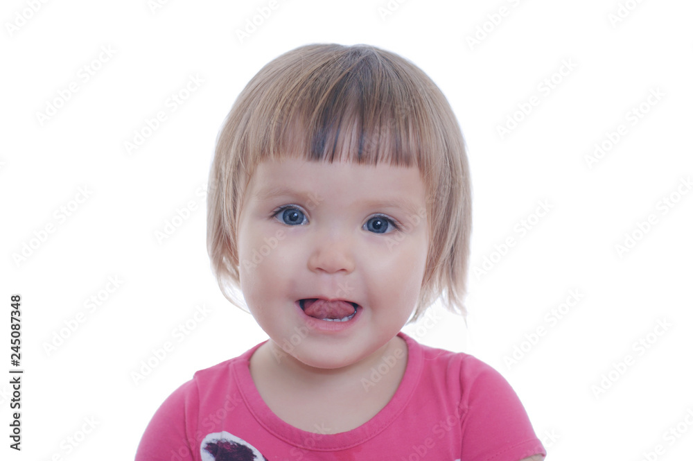 smiling little baby girl portrait isolated on white background. happy smiling cute adorable child face smiling little baby girl portrait isolated on white background. happy smiling cute adorable child face