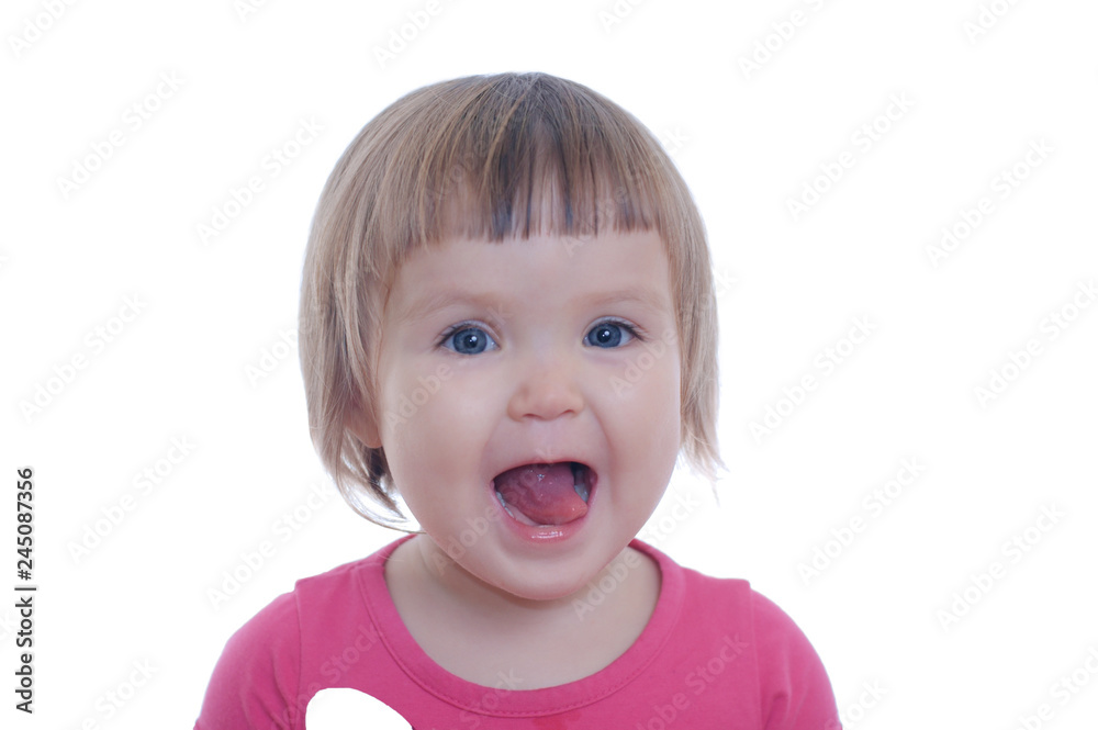 happy smiling little baby girl portrait isolated on white background. happiness childhood for cute adorable child face happy smiling little baby girl portrait isolated on white background. happiness childhood for cute adorable child face