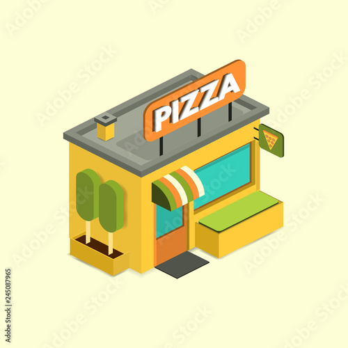 Pizzeria. Italian food design background. Pepperoni neon sign. Pizza logo, label, element. Pizzeria, italian food, snack. Isometric