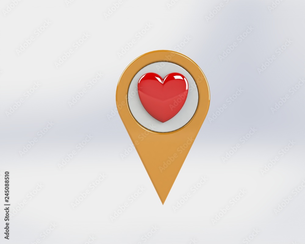 Fototapeta premium LOCATION pin glossy heart-shaped Orange arrow. The concept of Tagging needle attractions to the destination. Separately on a white background 3D rendering 3D. 