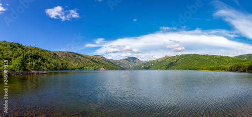 Scenic panoramic shot of a Coldwater Lake at Mt St Helens National Volcanic Monument. Beautiful view of clouds reflection on a lake surface and surrounding hills. photo