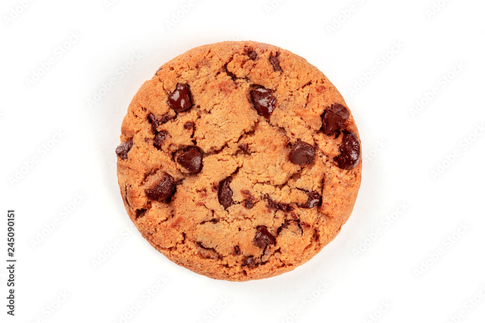 A photo of a freshly baked chocolate chip cookie, shot from the top on a white background with a place for text
