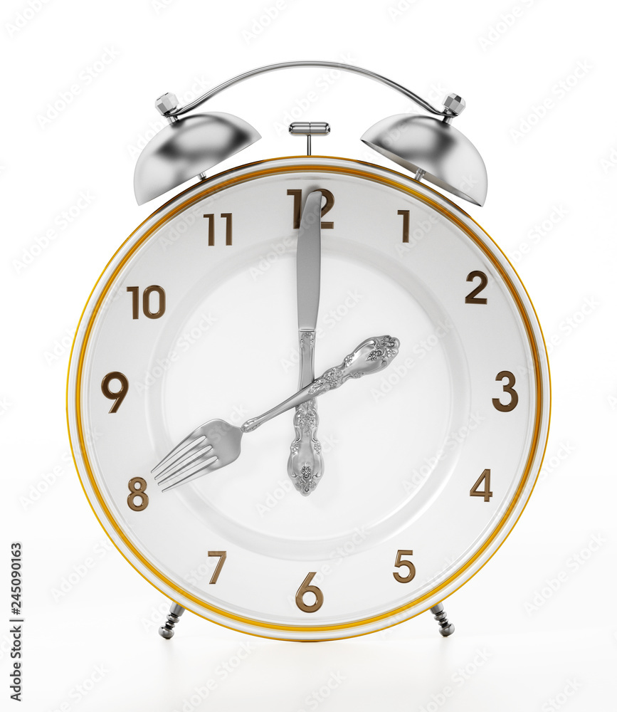 Alarm clock serving plate ith fork and knife. 3D illustration Alarm clock serving plate ith fork and knife. 3D illustration