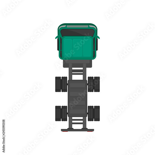 Green cargo truck chassis, automobile for goods carriage, cargo delivering vehicle, top view vector Illustration