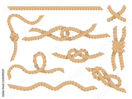 Rope knots set, jute or hemp twisted cords vector Illustration