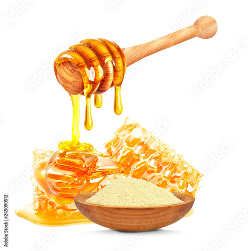 royal jelly and dripping honey isolated on a white background