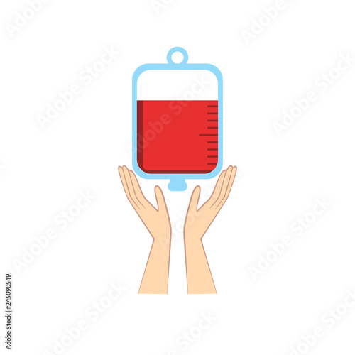 Hands holding blood bag. Donation abstract concept vector illustration.