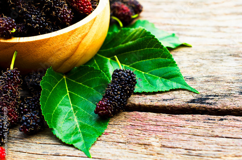 Macro close up of single mulberry fruits on wood backgrounds