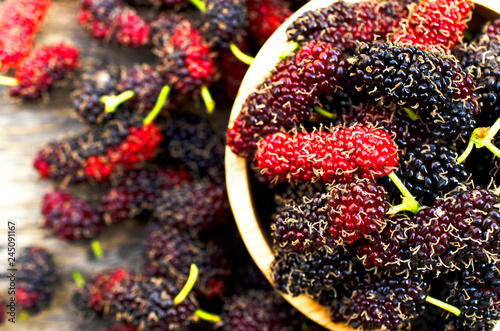 Macro lose up of fresh Mulberry fruits backgrounds above