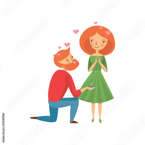 Young bearded man making proposal to his girlfriend and offering engagement ring. Romantic couple. Flat vector design