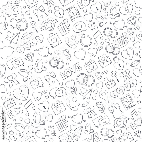 Seamless love pattern vector illustration - freehand drawing. Repeatable love vector background - love symbols collection. Valentines day, Mothers day, wedding, love and romantic events. Vector