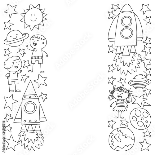 Vector set of space elements icons in doodle style. Painted  black monochrome  pictures on a piece of paper on white background.