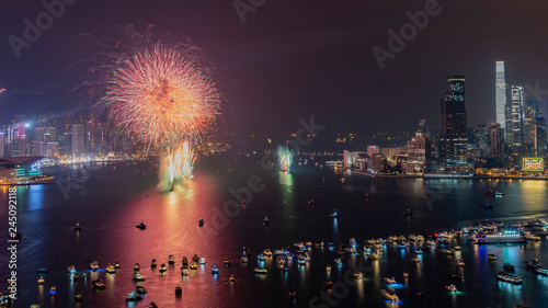 Aerial view of the famous new year fireworks of Victoria Harbor