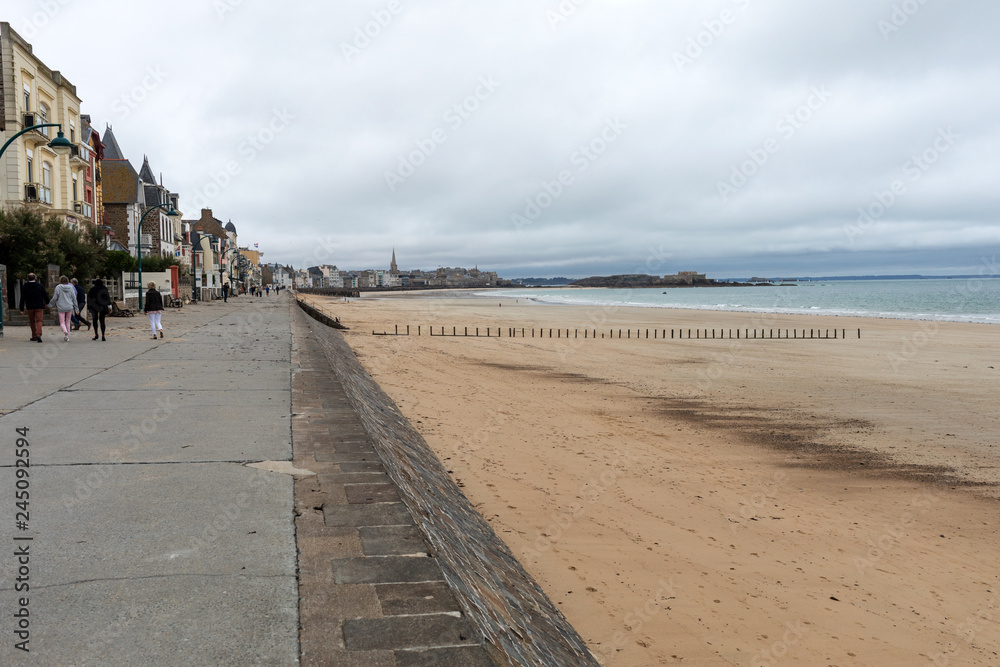 Saint-Malo, France - September 12, 2018: View of beach and old town of Saint-Malo. Brittany, France