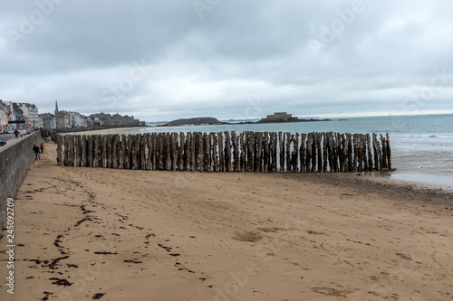 Saint-Malo, France - September 12, 2018: View of beach and old town of Saint-Malo. Brittany, France © wjarek