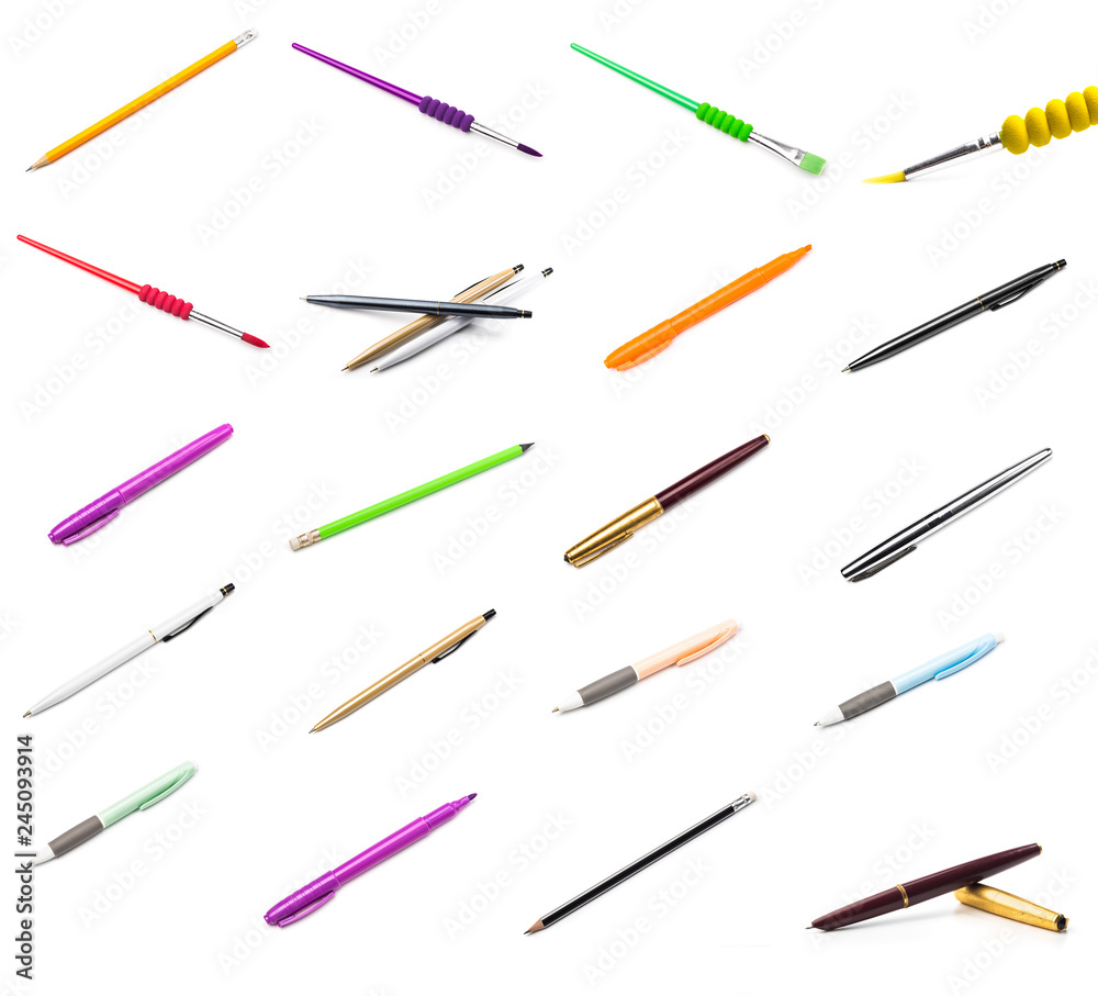 Pens and pencils on white background, brushes Pens and pencils on white background, brushes